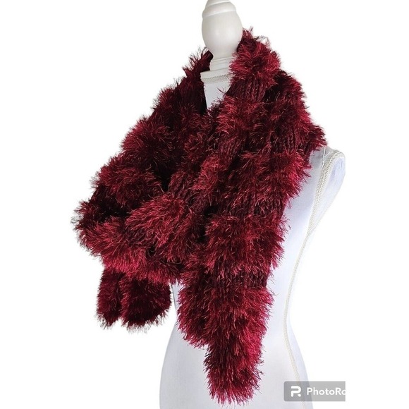 Handmade Burgundy Red Knit Shaggy/Fluffy Scarf Ling Made to Order. - Picture 12 of 12